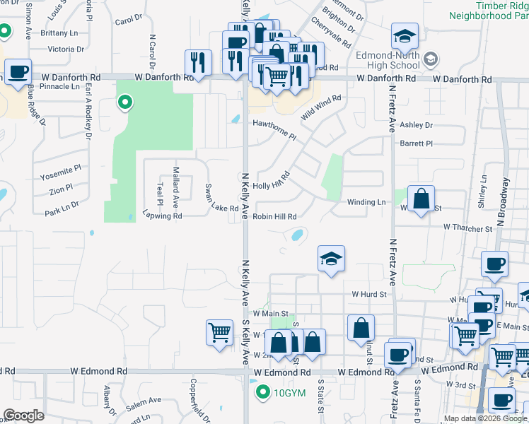 map of restaurants, bars, coffee shops, grocery stores, and more near 805 Robin Hill Road in Edmond