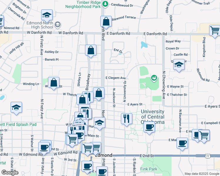map of restaurants, bars, coffee shops, grocery stores, and more near 2545 South Kelly Avenue in Edmond