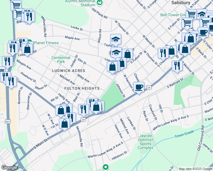 map of restaurants, bars, coffee shops, grocery stores, and more near 1120 South Fulton Street in Salisbury