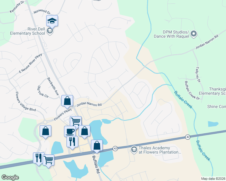 map of restaurants, bars, coffee shops, grocery stores, and more near 36 East Willow Trace Way in Clayton