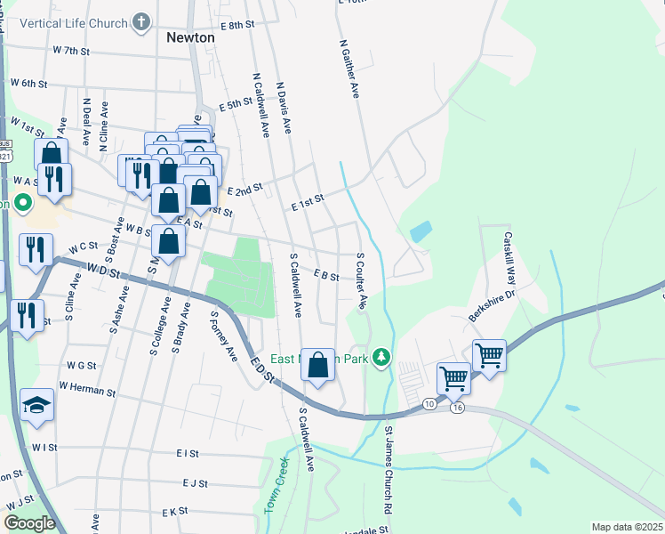 map of restaurants, bars, coffee shops, grocery stores, and more near 14 South Ervin Avenue in Newton