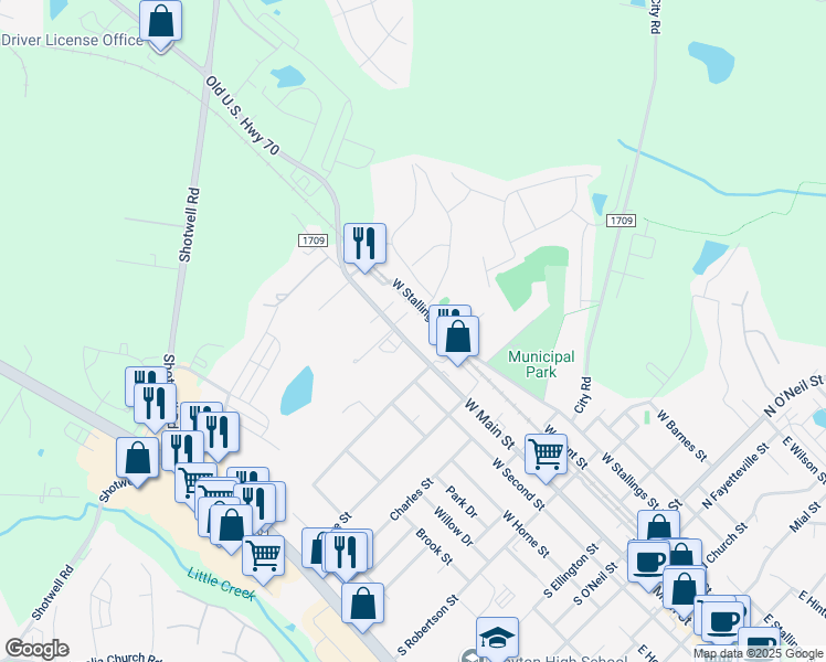 map of restaurants, bars, coffee shops, grocery stores, and more near 908 West Main Street in Clayton