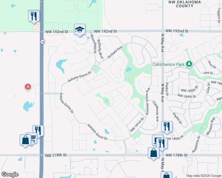 map of restaurants, bars, coffee shops, grocery stores, and more near 3304 Northwest 186th Street in Edmond