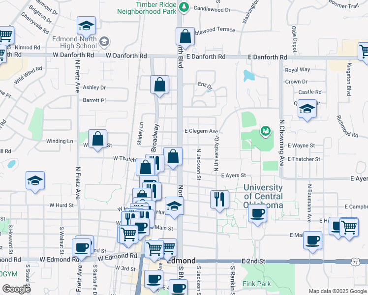 map of restaurants, bars, coffee shops, grocery stores, and more near 2545 South Kelly Avenue in Edmond