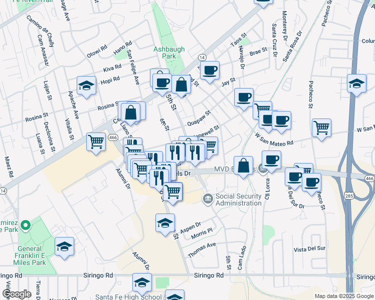 map of restaurants, bars, coffee shops, grocery stores, and more near 1714 5th Street in Santa Fe