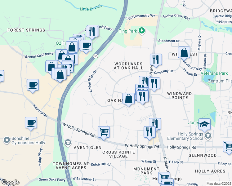 map of restaurants, bars, coffee shops, grocery stores, and more near 121 Bracken Trail Circle in Holly Springs
