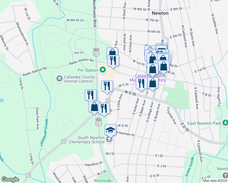 map of restaurants, bars, coffee shops, grocery stores, and more near 409 West C Street in Newton