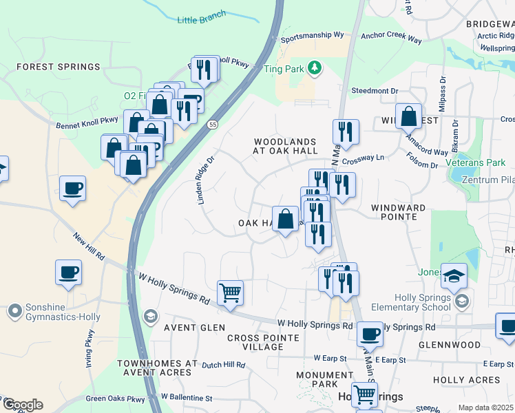 map of restaurants, bars, coffee shops, grocery stores, and more near 121 Bracken Trail Circle in Holly Springs