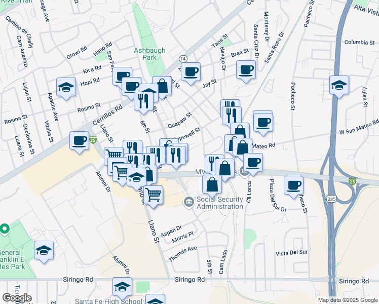 map of restaurants, bars, coffee shops, grocery stores, and more near 1764 Mann Street in Santa Fe