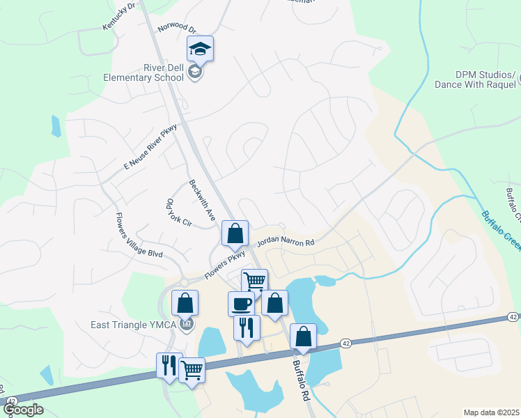 map of restaurants, bars, coffee shops, grocery stores, and more near 93 Purple Trce in Clayton