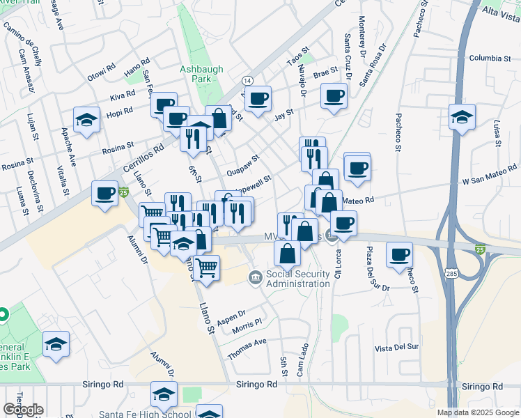 map of restaurants, bars, coffee shops, grocery stores, and more near 1758 Mann Street in Santa Fe