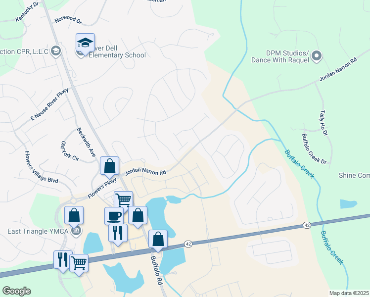 map of restaurants, bars, coffee shops, grocery stores, and more near 36 East Willow Trace Way in Clayton