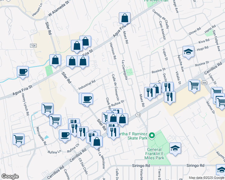 map of restaurants, bars, coffee shops, grocery stores, and more near 1244 Calle de Comercio in Santa Fe