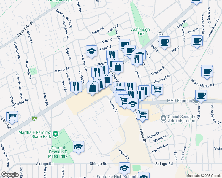 map of restaurants, bars, coffee shops, grocery stores, and more near 1604 Saint Michaels Drive in Santa Fe