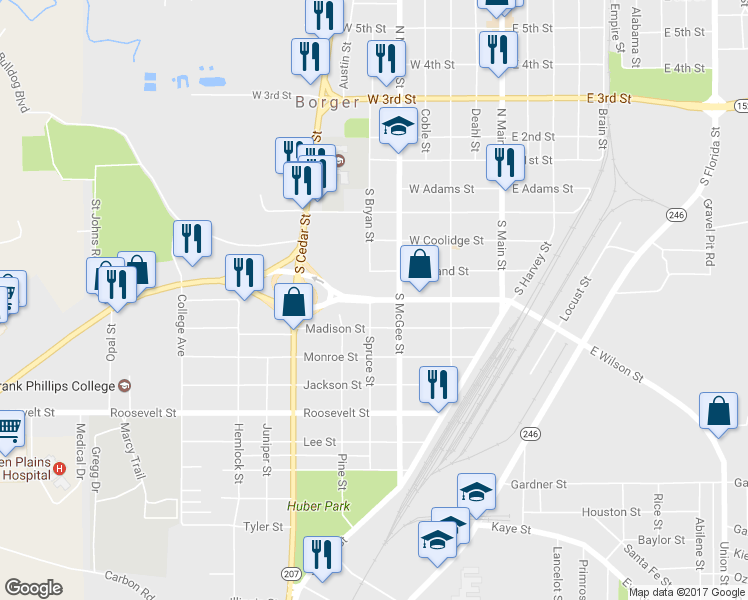 map of restaurants, bars, coffee shops, grocery stores, and more near 801 West Wilson Street in Borger