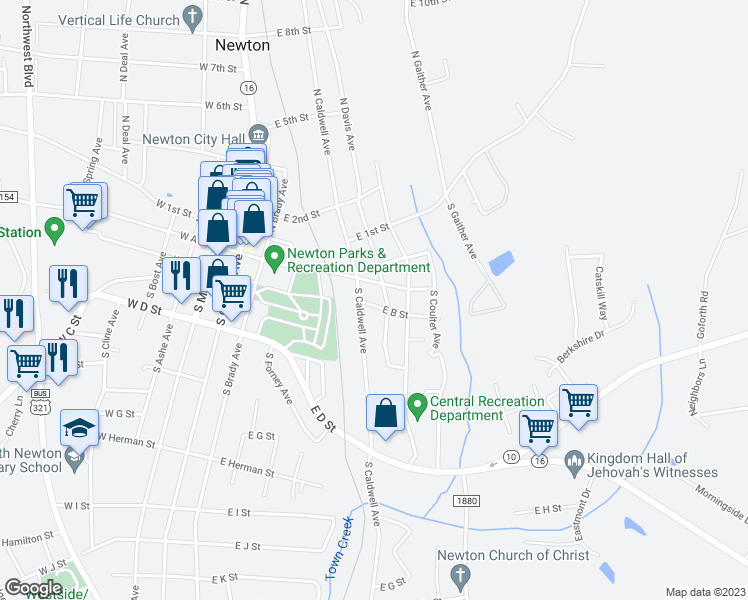 map of restaurants, bars, coffee shops, grocery stores, and more near 512 East B Street in Newton