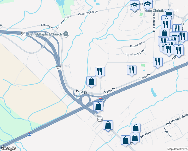 map of restaurants, bars, coffee shops, grocery stores, and more near 1111 Rushmeade Road in Jackson