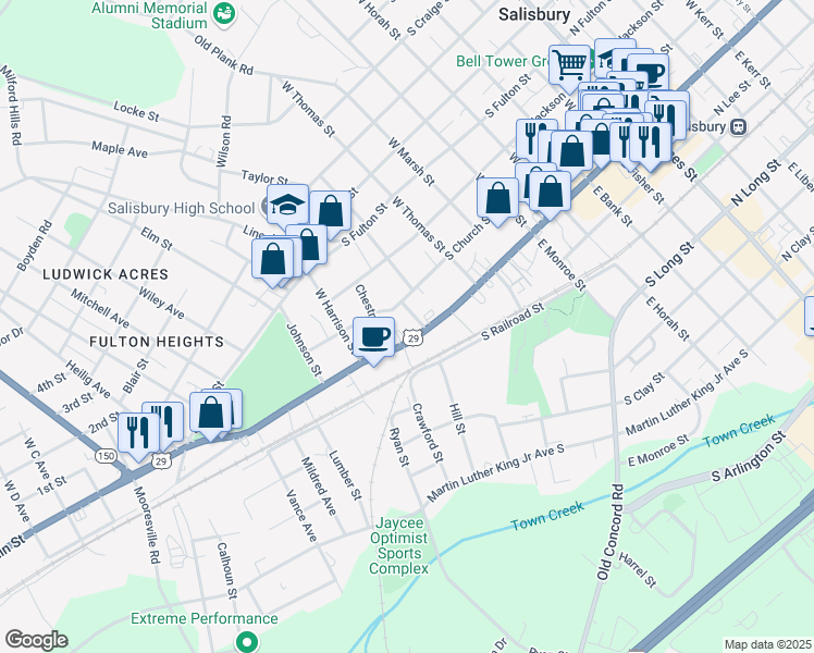 map of restaurants, bars, coffee shops, grocery stores, and more near 832 South Main Street in Salisbury