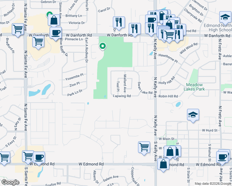 map of restaurants, bars, coffee shops, grocery stores, and more near 705 Teal Place in Edmond