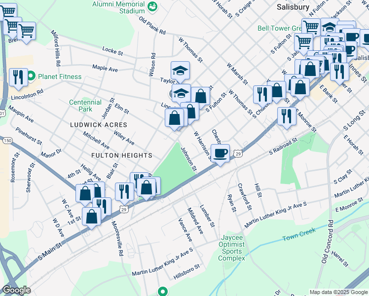 map of restaurants, bars, coffee shops, grocery stores, and more near 224 Johnson Street in Salisbury