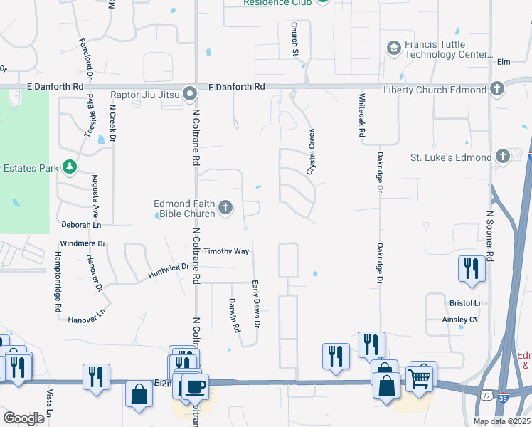 map of restaurants, bars, coffee shops, grocery stores, and more near 3133 Quail Run Drive in Edmond