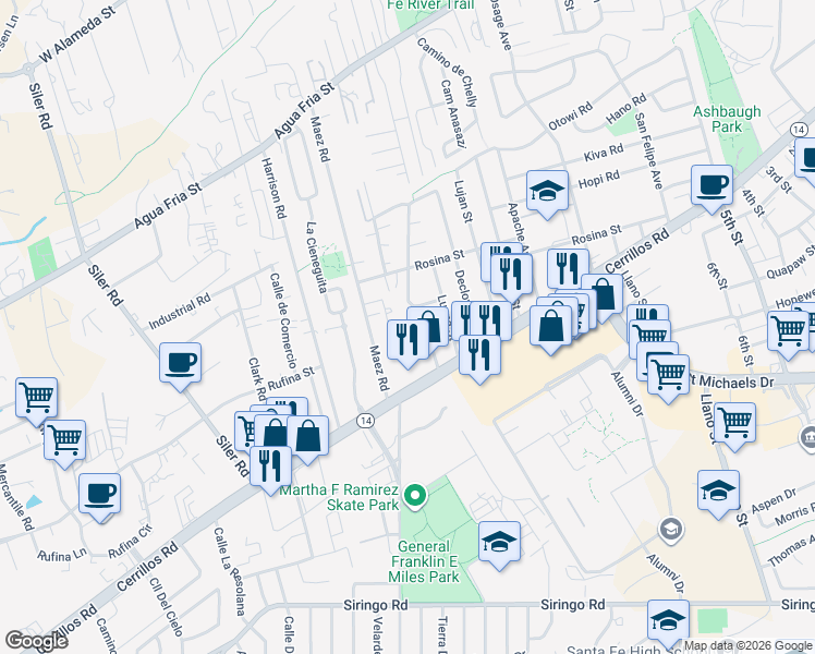 map of restaurants, bars, coffee shops, grocery stores, and more near 1400 Maclovia Street in Santa Fe