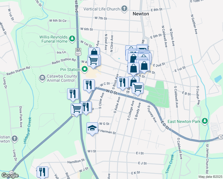 map of restaurants, bars, coffee shops, grocery stores, and more near 215 South Bost Avenue in Newton