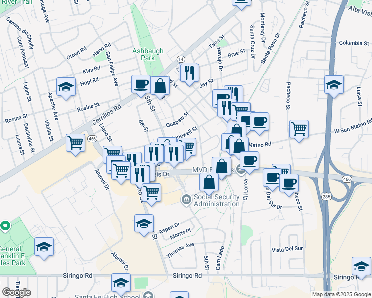 map of restaurants, bars, coffee shops, grocery stores, and more near 1773 Mann Street in Santa Fe