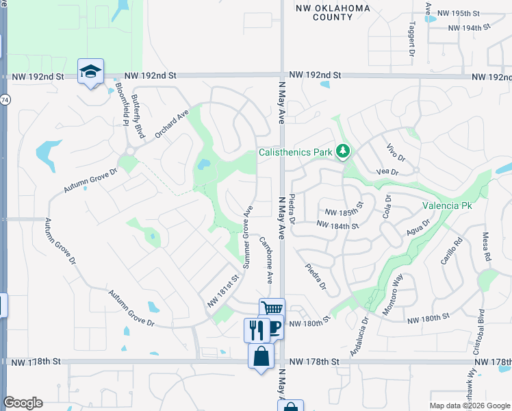 map of restaurants, bars, coffee shops, grocery stores, and more near 2924 Winamack Road in Edmond