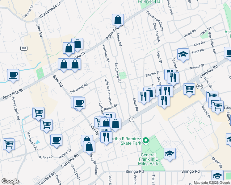 map of restaurants, bars, coffee shops, grocery stores, and more near 1166 Harrison Rd in Santa Fe