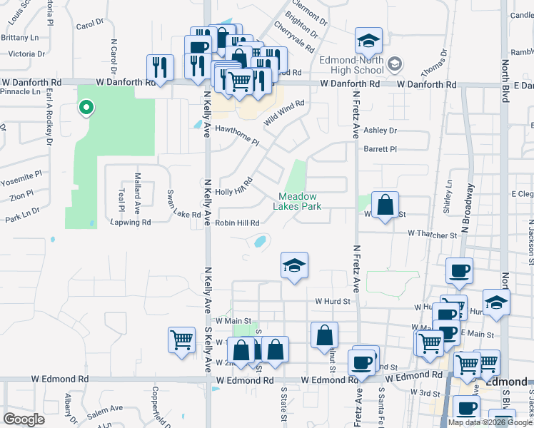 map of restaurants, bars, coffee shops, grocery stores, and more near 601 Robin Hill Road in Edmond