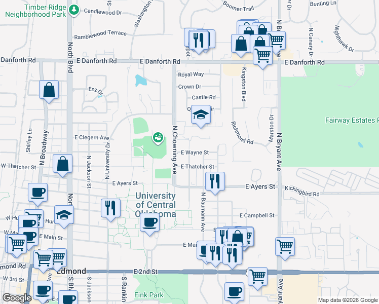 map of restaurants, bars, coffee shops, grocery stores, and more near 901 East Wayne Street in Edmond