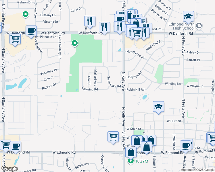 map of restaurants, bars, coffee shops, grocery stores, and more near 1005 Lapwing Road in Edmond