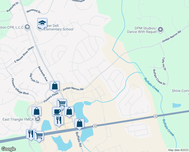 map of restaurants, bars, coffee shops, grocery stores, and more near 36 East Willow Trace Way in Clayton