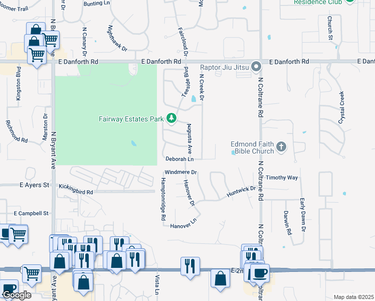 map of restaurants, bars, coffee shops, grocery stores, and more near 2360 Bay Hill Place in Edmond
