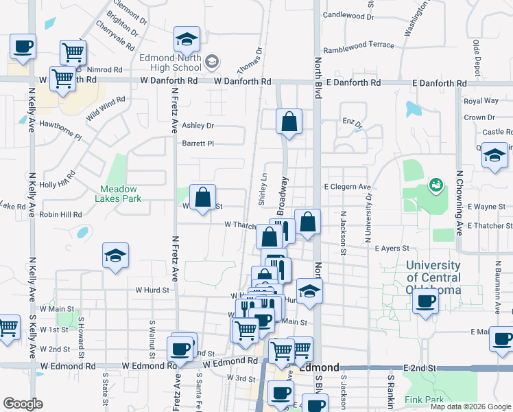 map of restaurants, bars, coffee shops, grocery stores, and more near 27 Shirley Lane in Edmond