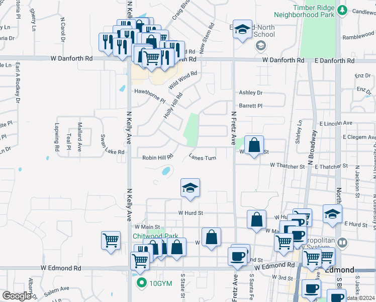 map of restaurants, bars, coffee shops, grocery stores, and more near 515 Meadow Lake Drive in Edmond