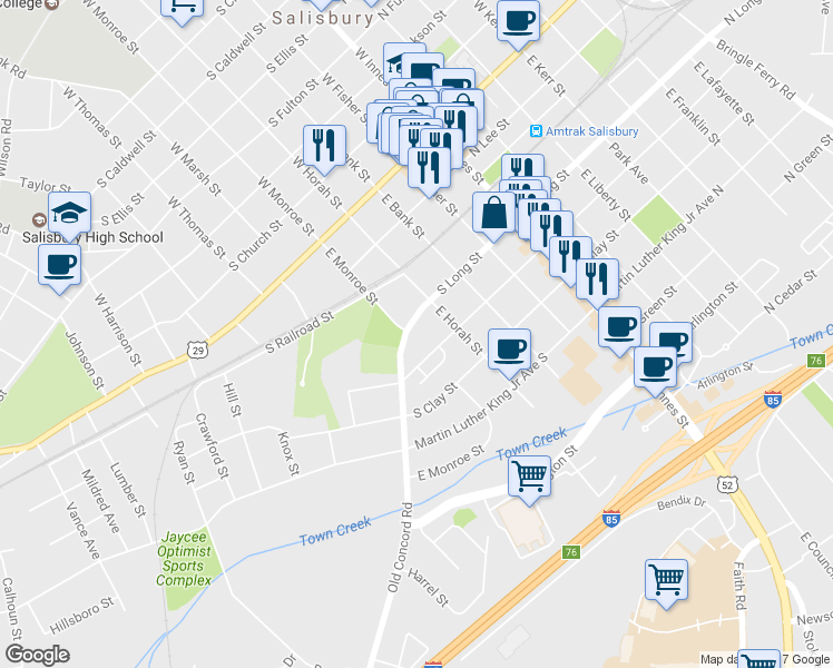 map of restaurants, bars, coffee shops, grocery stores, and more near 417 S Long St in Salisbury