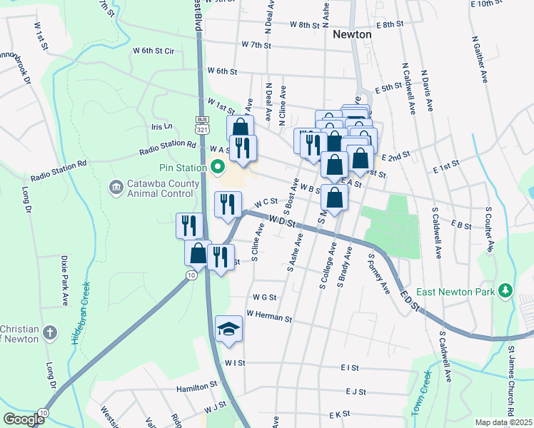 map of restaurants, bars, coffee shops, grocery stores, and more near 222 West D Street in Newton