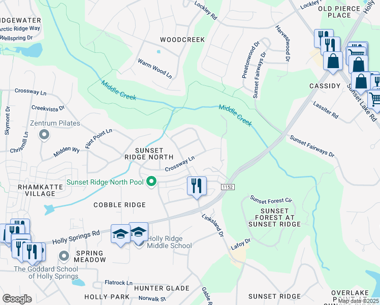 map of restaurants, bars, coffee shops, grocery stores, and more near 2110 Crossway Lane in Holly Springs
