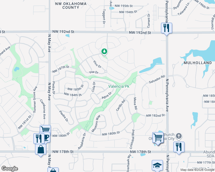 map of restaurants, bars, coffee shops, grocery stores, and more near 18613 Abierto Drive in Edmond
