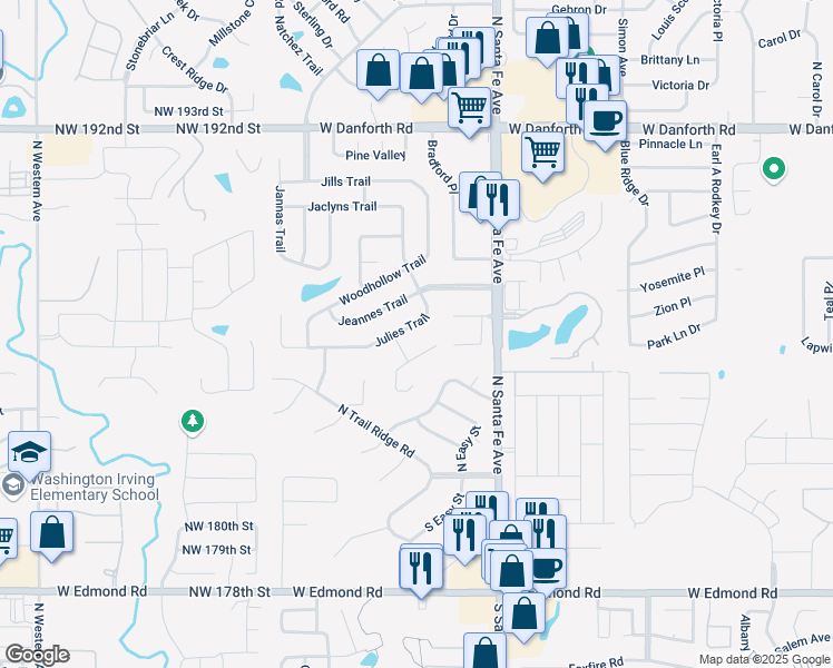 map of restaurants, bars, coffee shops, grocery stores, and more near 2501 Antelope Trail in Edmond