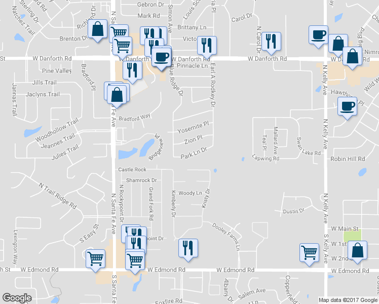 map of restaurants, bars, coffee shops, grocery stores, and more near 1801 Park Lane Drive in Edmond