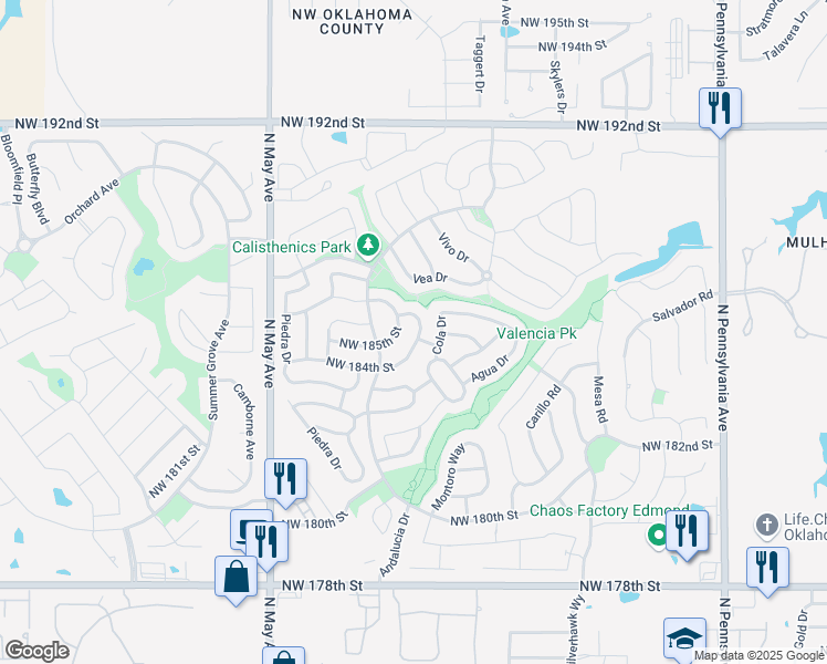 map of restaurants, bars, coffee shops, grocery stores, and more near 18600 Ochoa Drive in Edmond