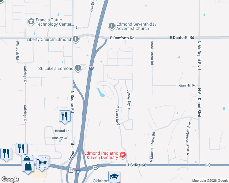 map of restaurants, bars, coffee shops, grocery stores, and more near 665 Outer Banks Way in Edmond