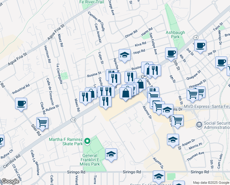 map of restaurants, bars, coffee shops, grocery stores, and more near 2229 New Mexico 14 in Santa Fe