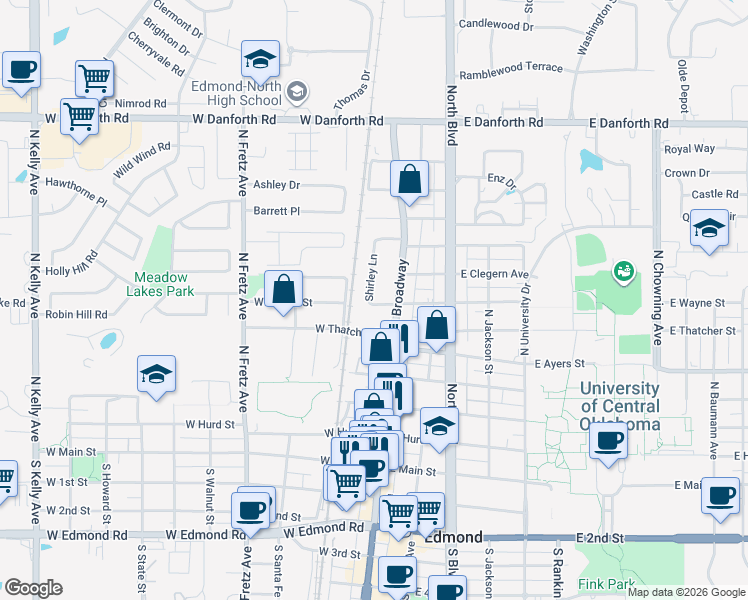 map of restaurants, bars, coffee shops, grocery stores, and more near 27 Shirley Lane in Edmond