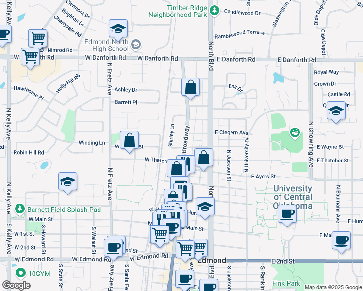 map of restaurants, bars, coffee shops, grocery stores, and more near 601 North Broadway in Edmond