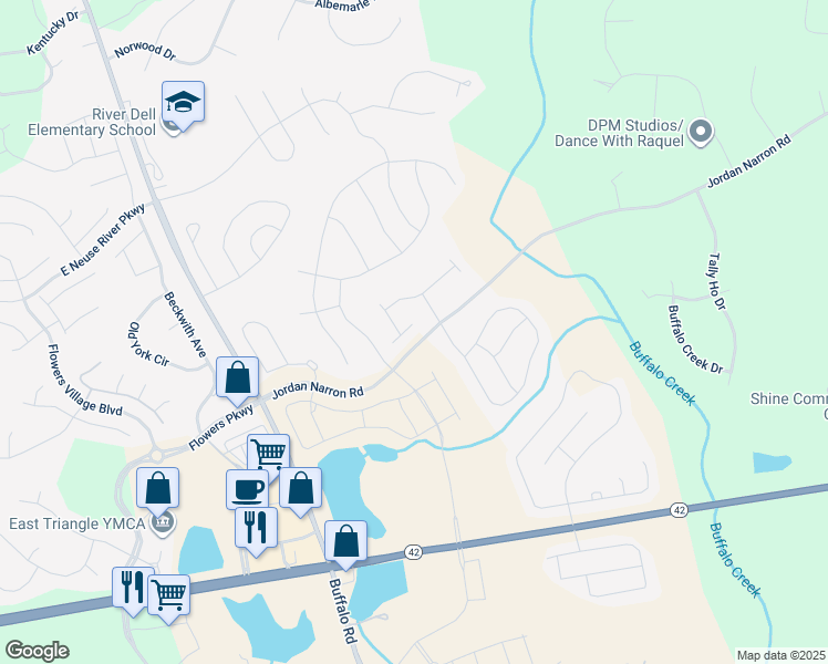 map of restaurants, bars, coffee shops, grocery stores, and more near 36 East Willow Trace Way in Clayton