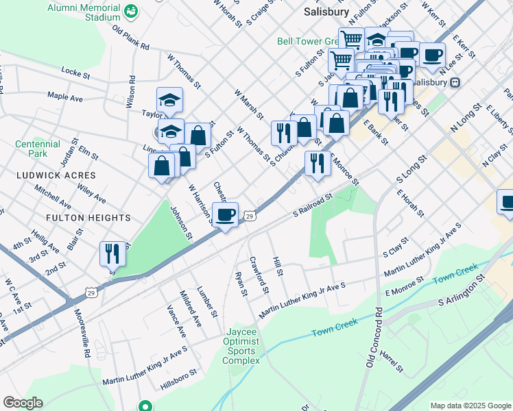 map of restaurants, bars, coffee shops, grocery stores, and more near 818 South Main Street in Salisbury